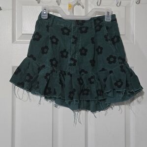 Green Black Floral Pleated Skirt